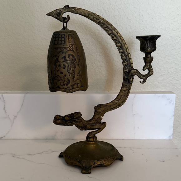 Antique Brass Dragon Dinner Bell Candle Holder - Picture 1 of 9